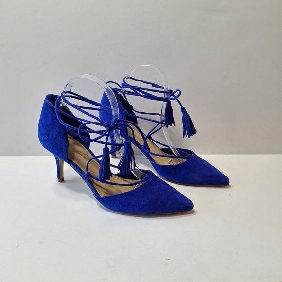 Marc Fisher NWOB Blue Preppy Retro Suede Pointed Toe Strappy Lace Up Heels Sz.8 - Picture 4 of 11